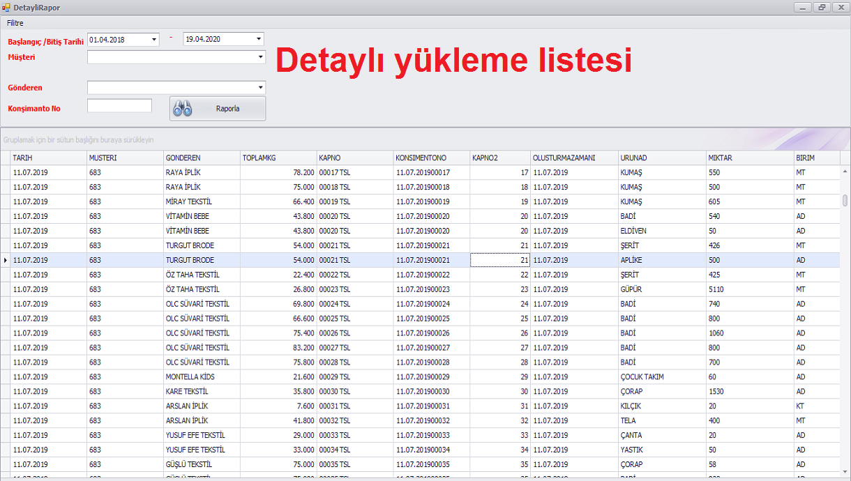 2DETAYLI YUKLEME RAPORU